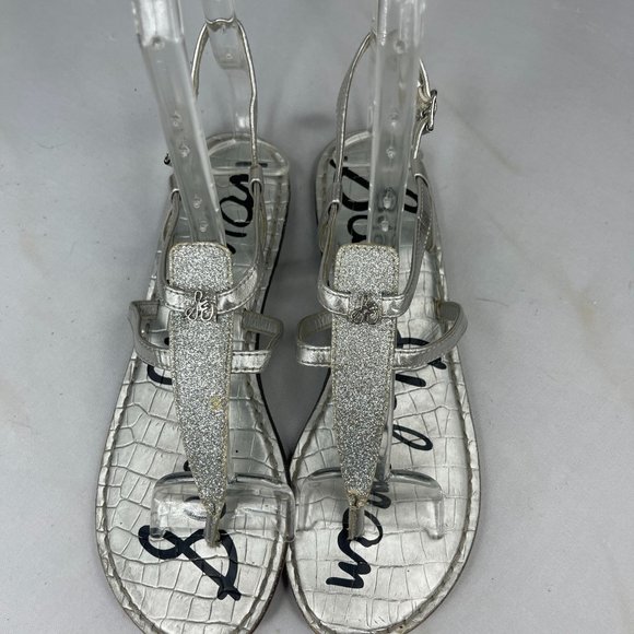 SAM EDLEMAN Womens Gigi Silver Shimmer Metallic Leather Thong Sandal Ankle Strap - Picture 2 of 10
